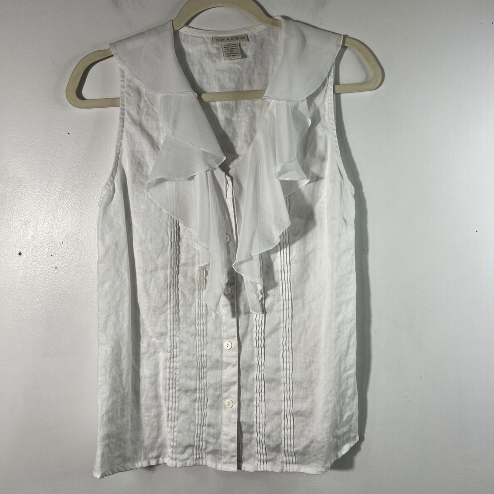 Tweeds White 100% Linen Sleeveless Ruffle Pintuck Button Front Blouse Medium